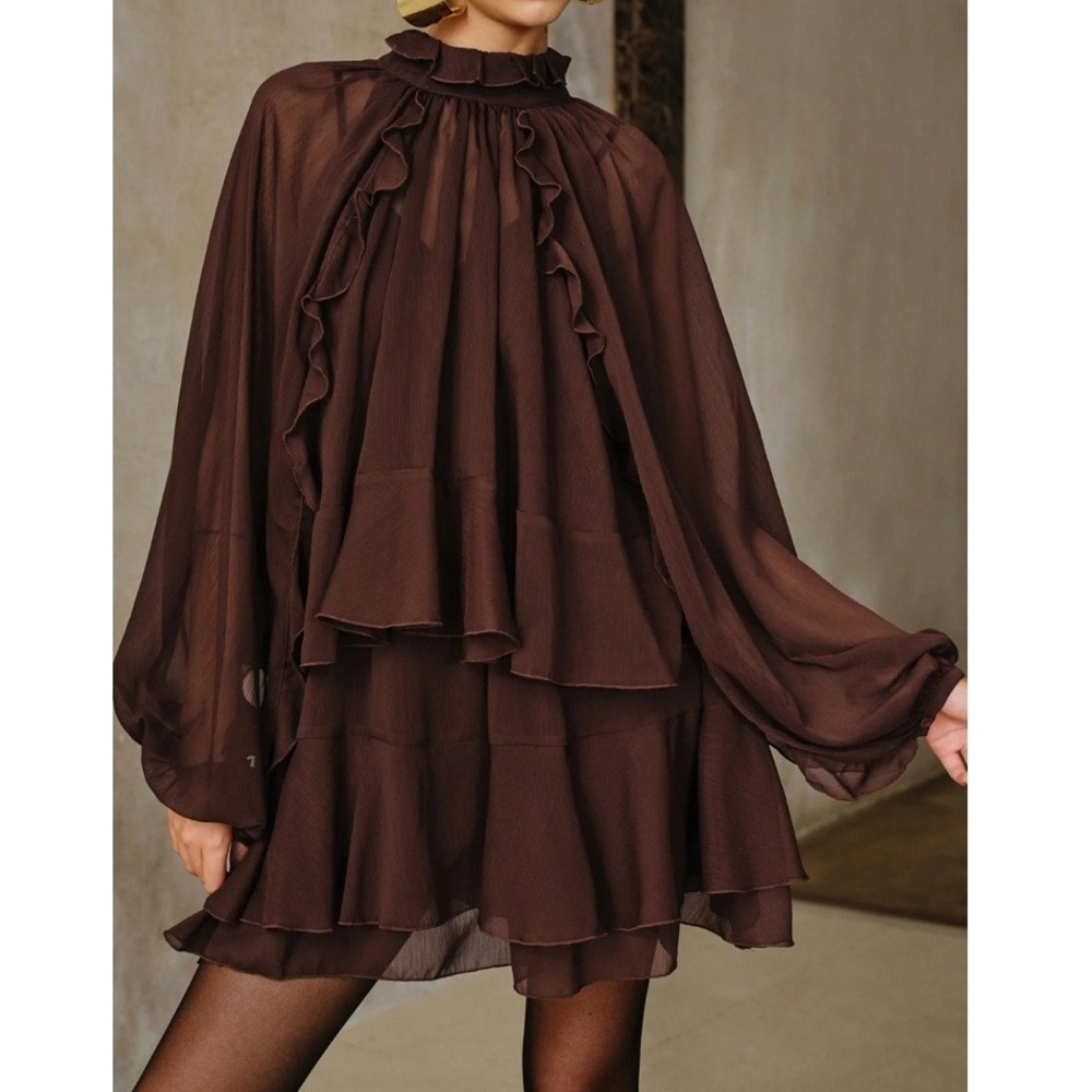 Commense Burgundy brown Tiered Ruffle Chiffon Mini Dress Set with Liner Sm NWT